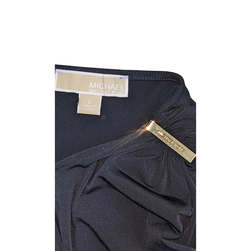 Michael Kors Womens Black Drape Front Top Shirt Gold Logo Accent Size L - Picture 5 of 6